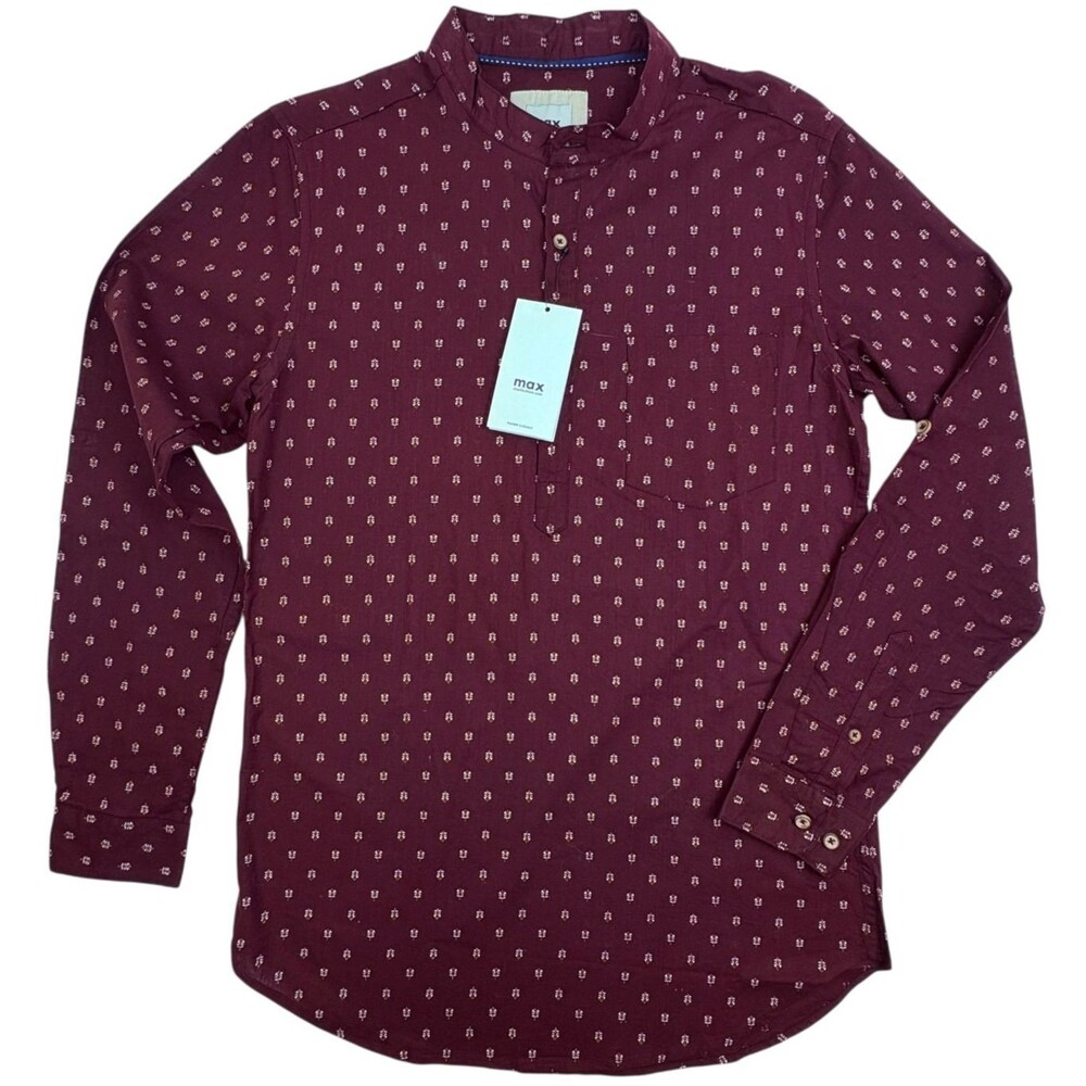 NWT Max Maroon Print Cotton Kurta Style Band Collar Shirt Mens S